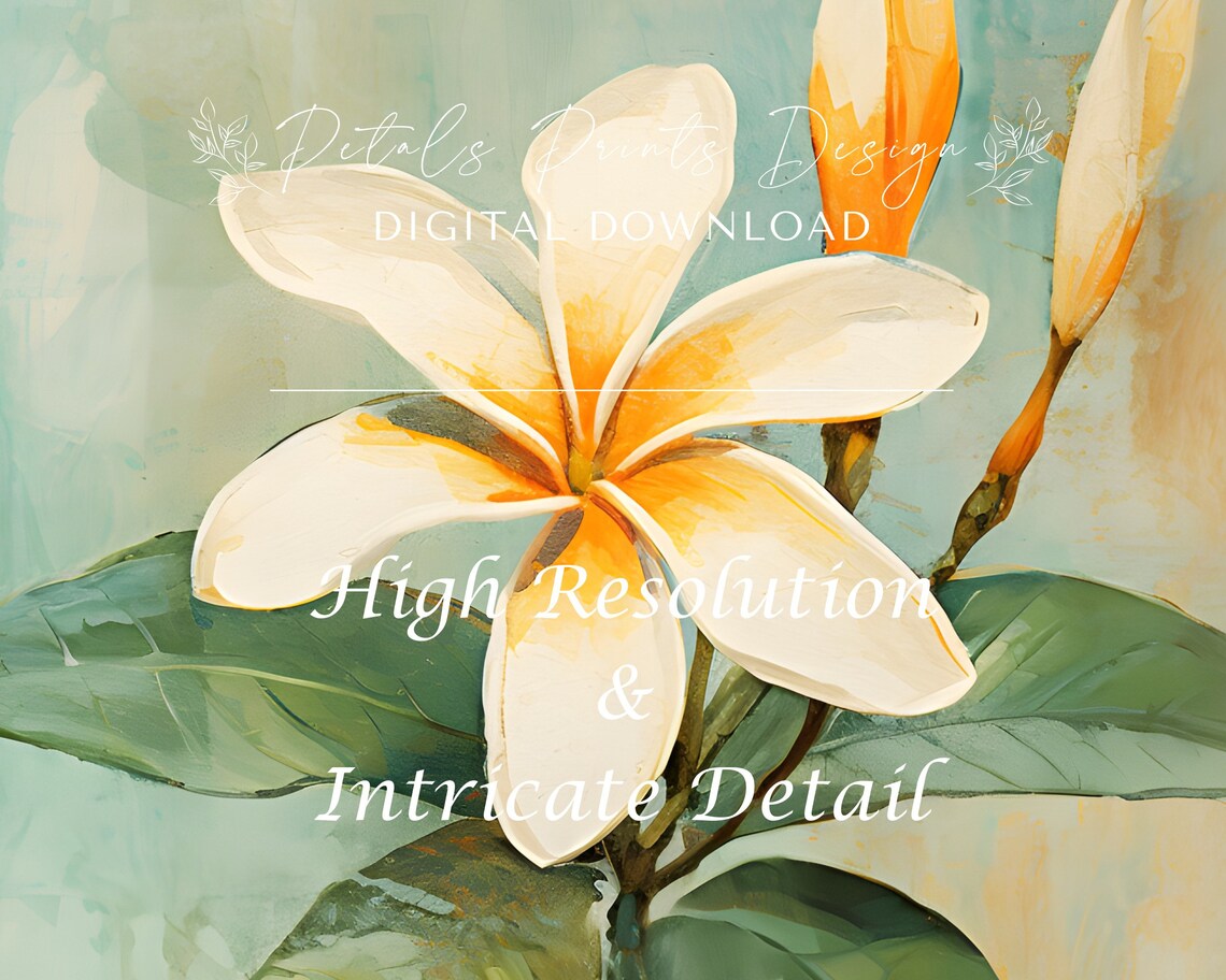 White Plumeria Blossom with Buds Teal Watercolor Botanical Poster - Image 3
