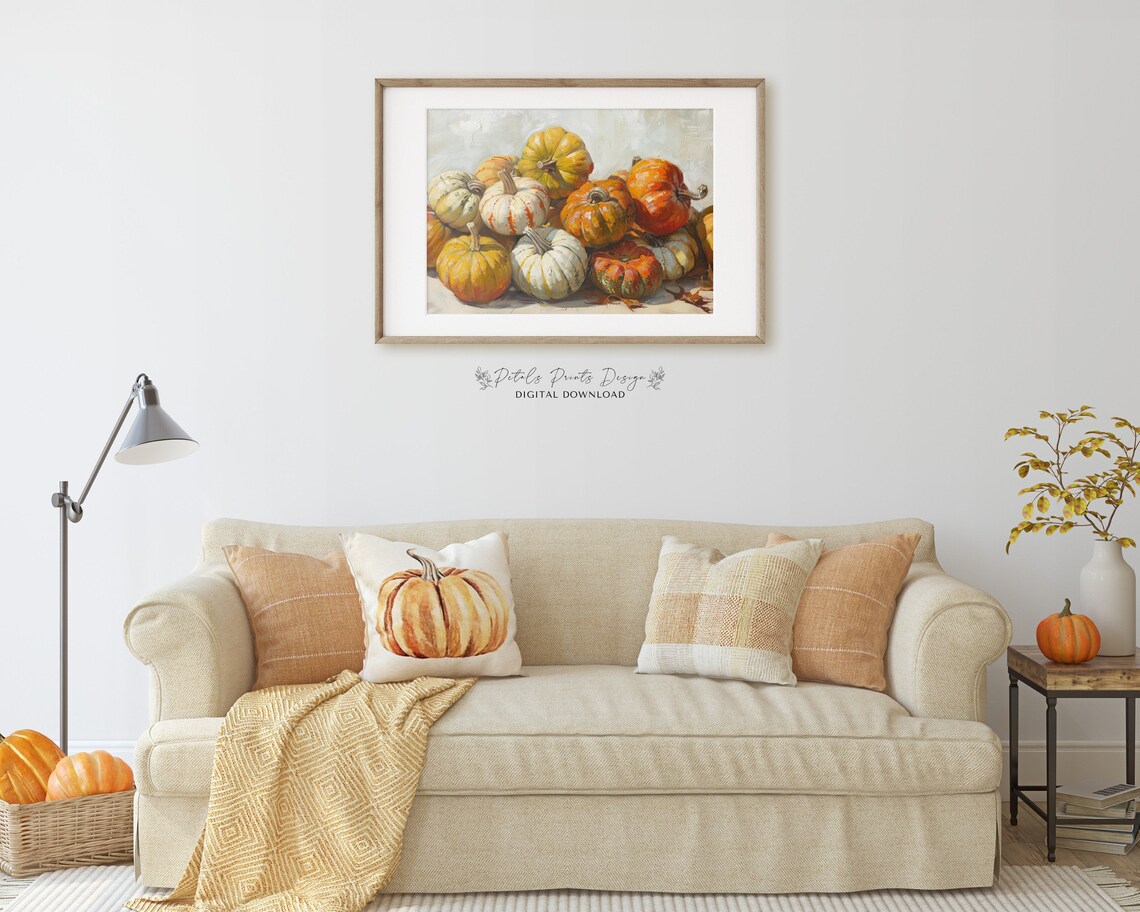 Rustic Pumpkin Pile Autumn Still Life Oil Painting Fall Poster - Image 2