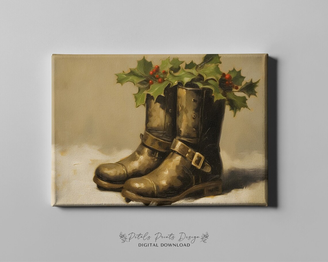 Vintage Boots with Holly Berries in Snow Christmas Still Life Poster - Image 4