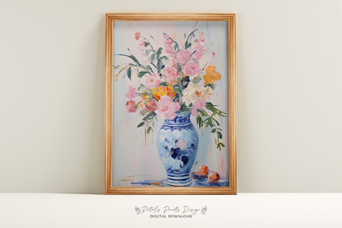 Pink Peonies in Blue White Chinoiserie Vase Floral Still Life Poster