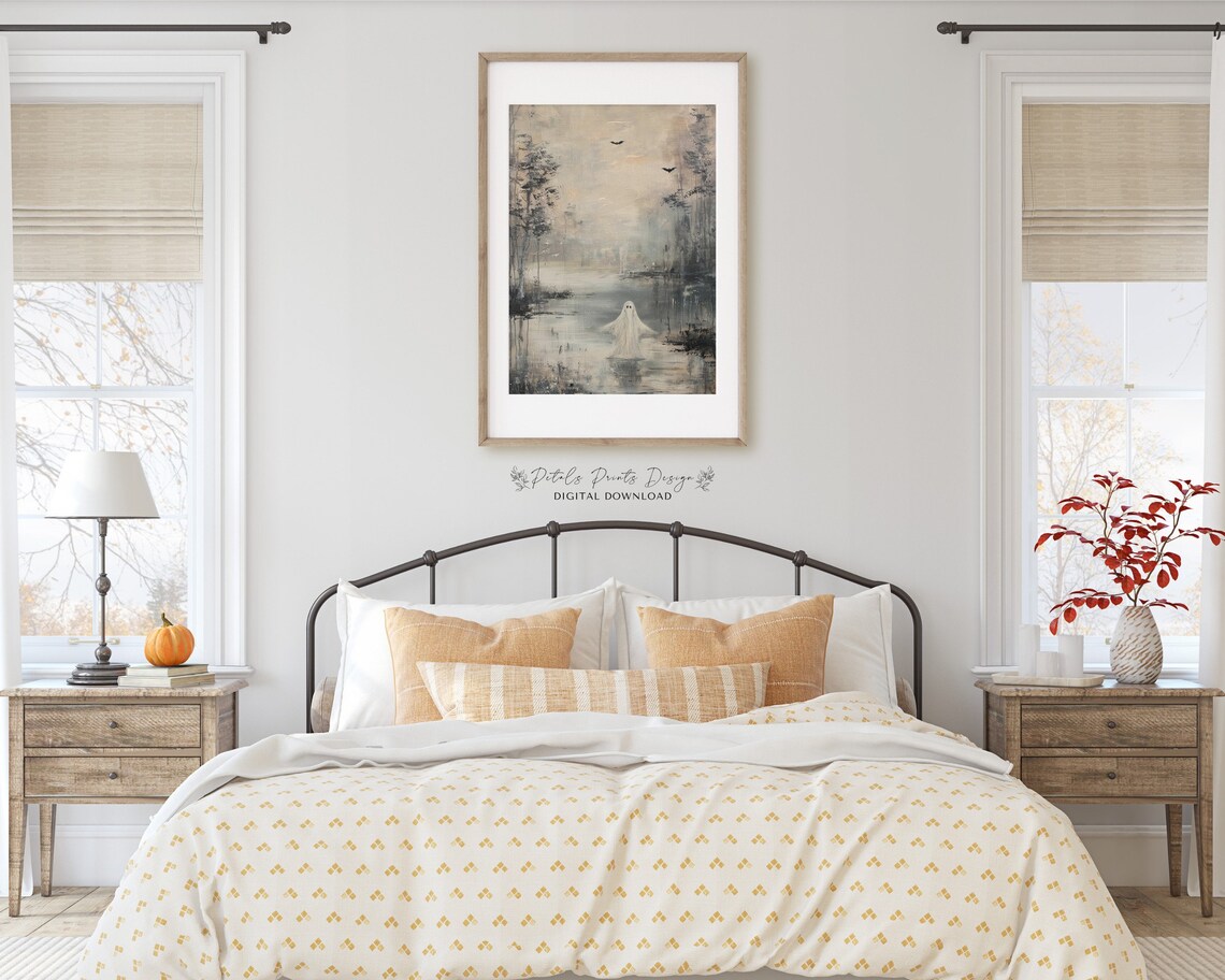 Monochrome Ghost Misty Lake Haunted Vintage Halloween Art Print - Image 2