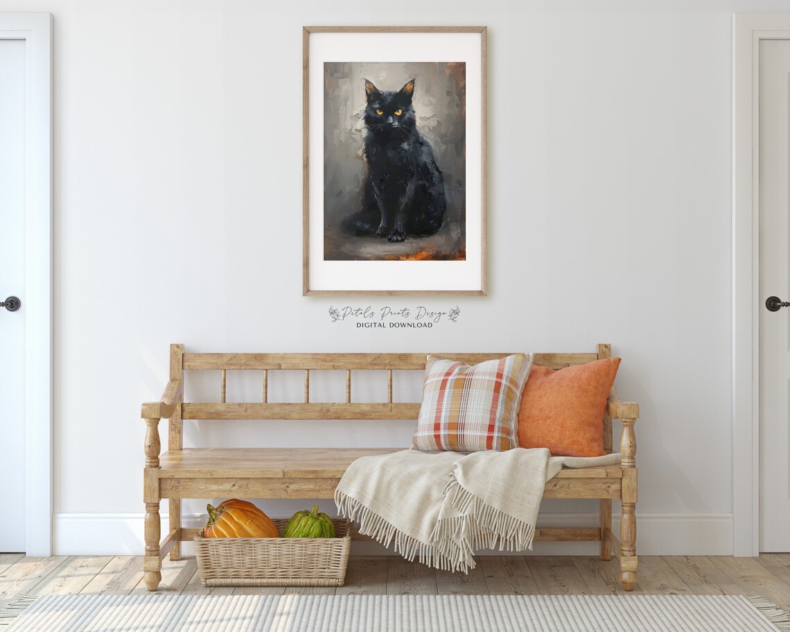 Black Cat Amber Eyes Oil Painting Spooky Cat Halloween Art Print - Image 3
