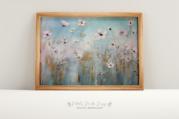 Pale Pink Cosmos in Soft Blue Haze Dreamy Wildflower Art Poster