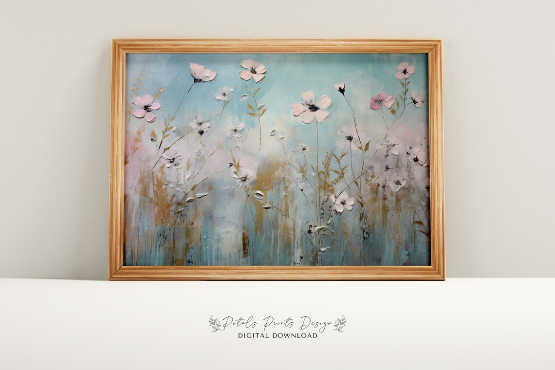 Pale Pink Cosmos in Soft Blue Haze Dreamy Wildflower Art Poster