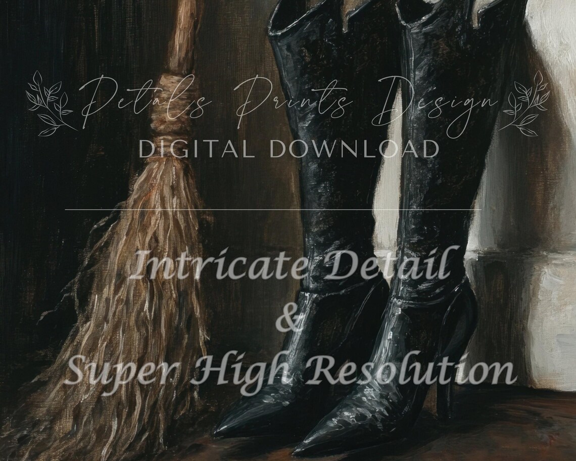 Witch Boots and Broomstick by Doorway Vintage Halloween Still Life Poster - Image 2