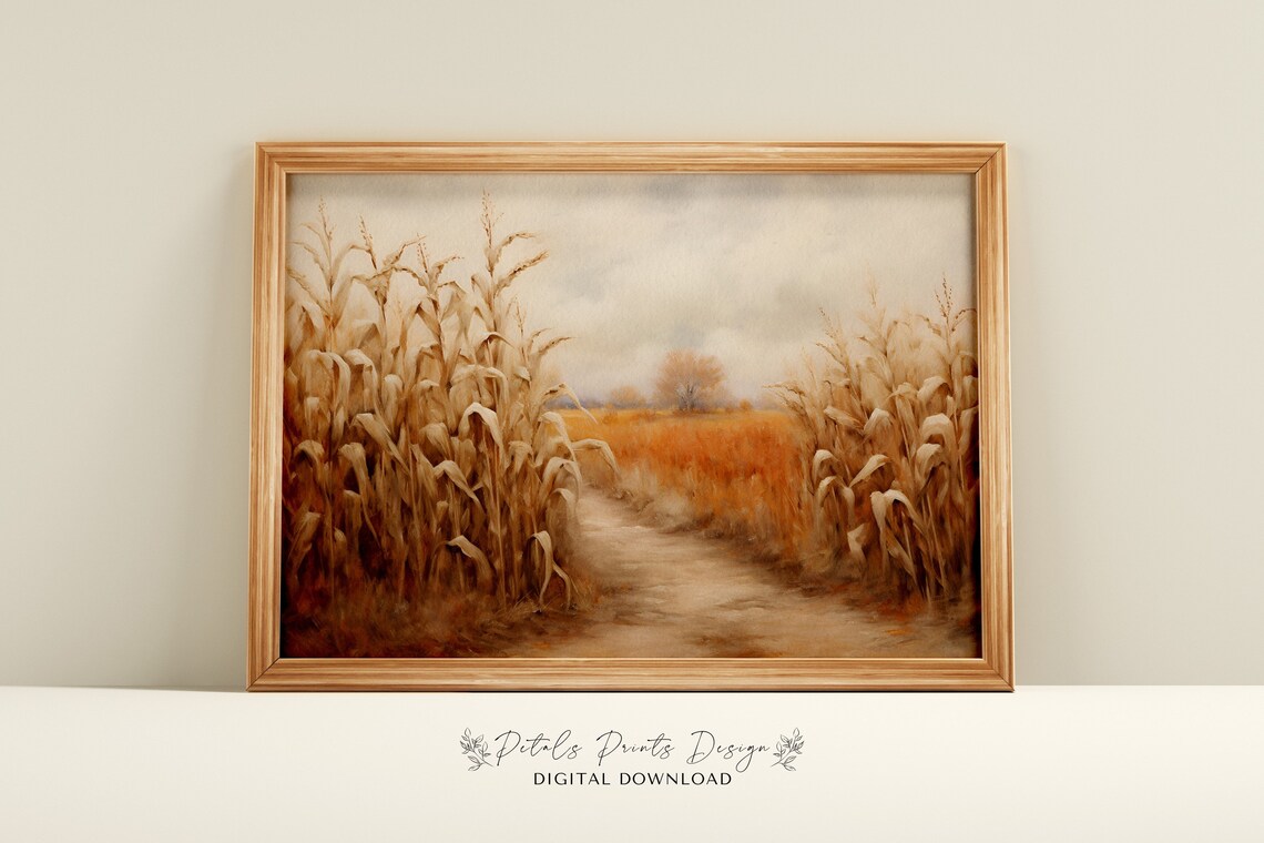 Rustic Fall Corn Field Still Life, Vintage Autumn Art Print