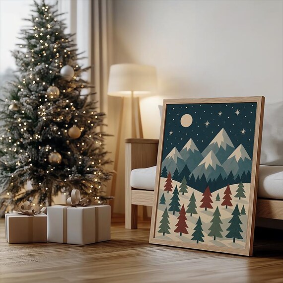Scandinavian Christmas Mountain Forest Night Stars Winter Art Poster