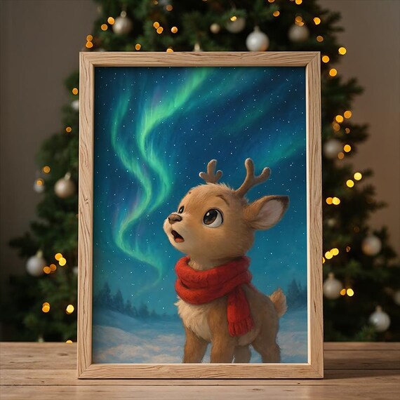 Baby Reindeer Nursery Print Cute Christmas Northern Lights Art
