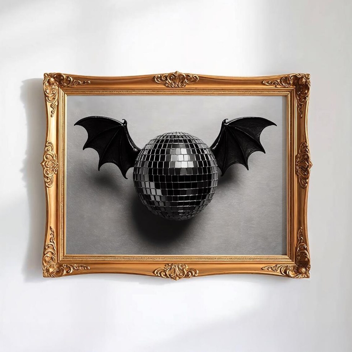 Black Disco Ball With Bat Wings Halloween Gothic Decor Poster