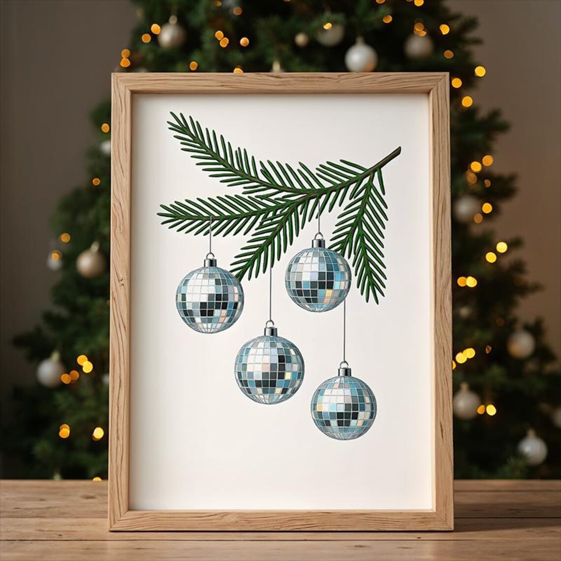Silver Disco Ball Christmas Ornaments Hanging From Pine Branch Holiday Art Poster