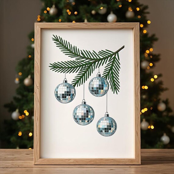 Silver Disco Ball Christmas Ornaments Hanging From Pine Branch Holiday Art Poster