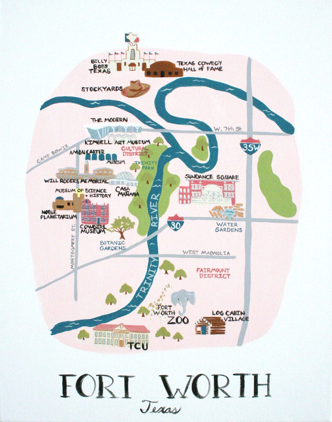 Fort Worth Texas Illustrated City Map Landmarks Travel Art Poster