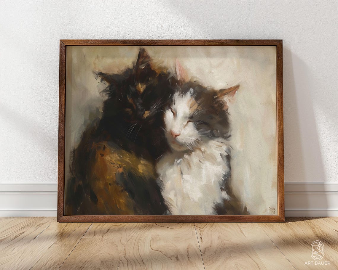 Purring Pair Cuddling Long Haired Cats Impressionist Painting Poster