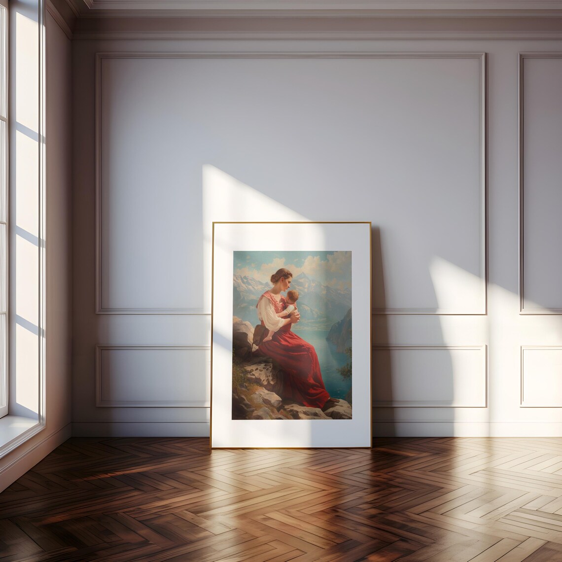 Mother Holding Baby Alpine Lake Mountain View Red Dress Art Poster - Image 5