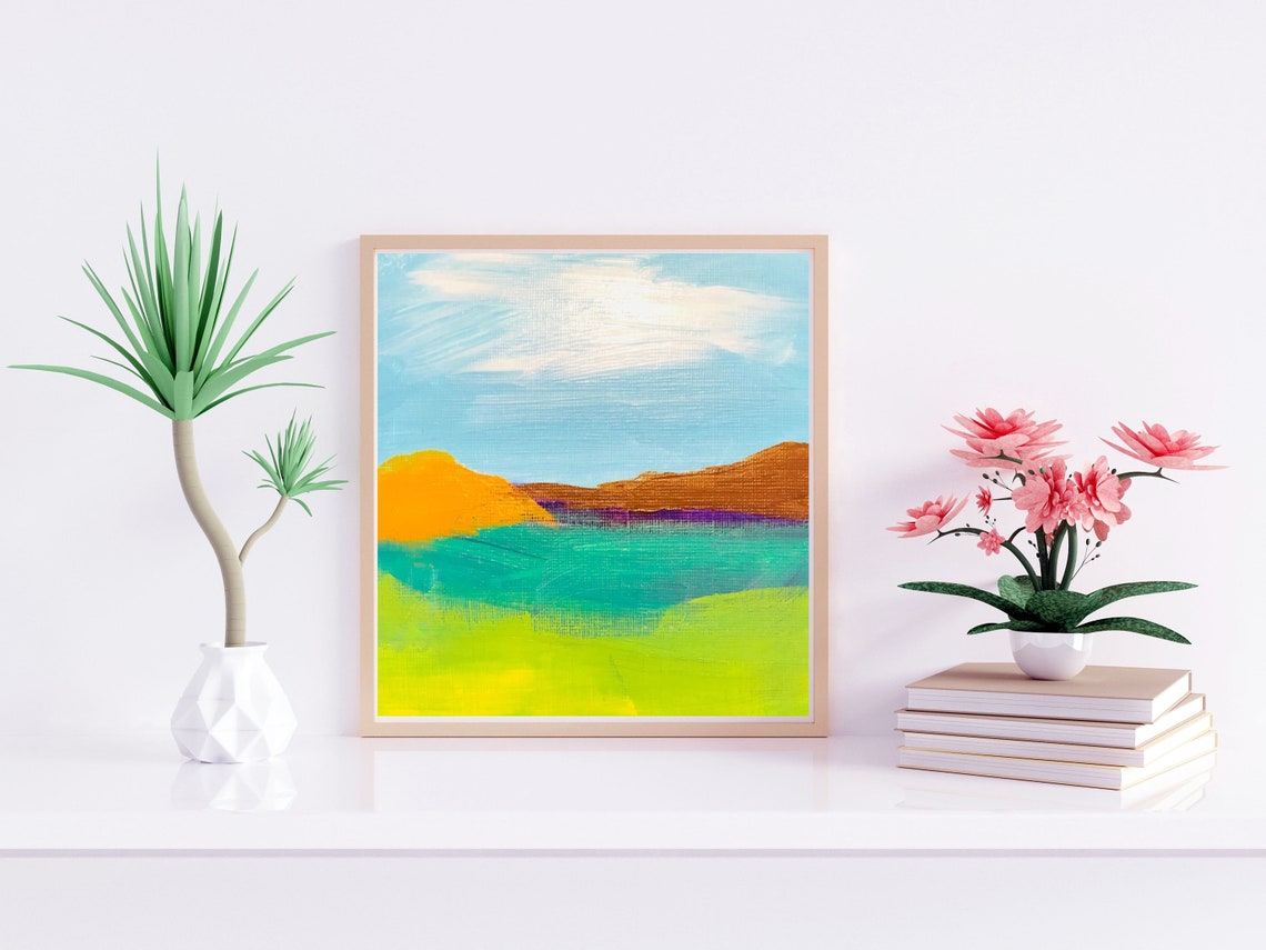Blue Sky Over Orange Hills Teal Water Abstract Scenery Poster