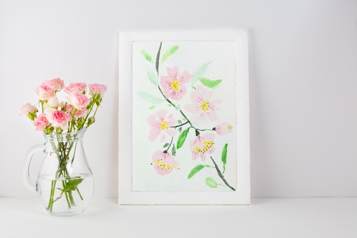 Gentle Soft Delicate Pink Cherry Blossom Branch Watercolor Poster
