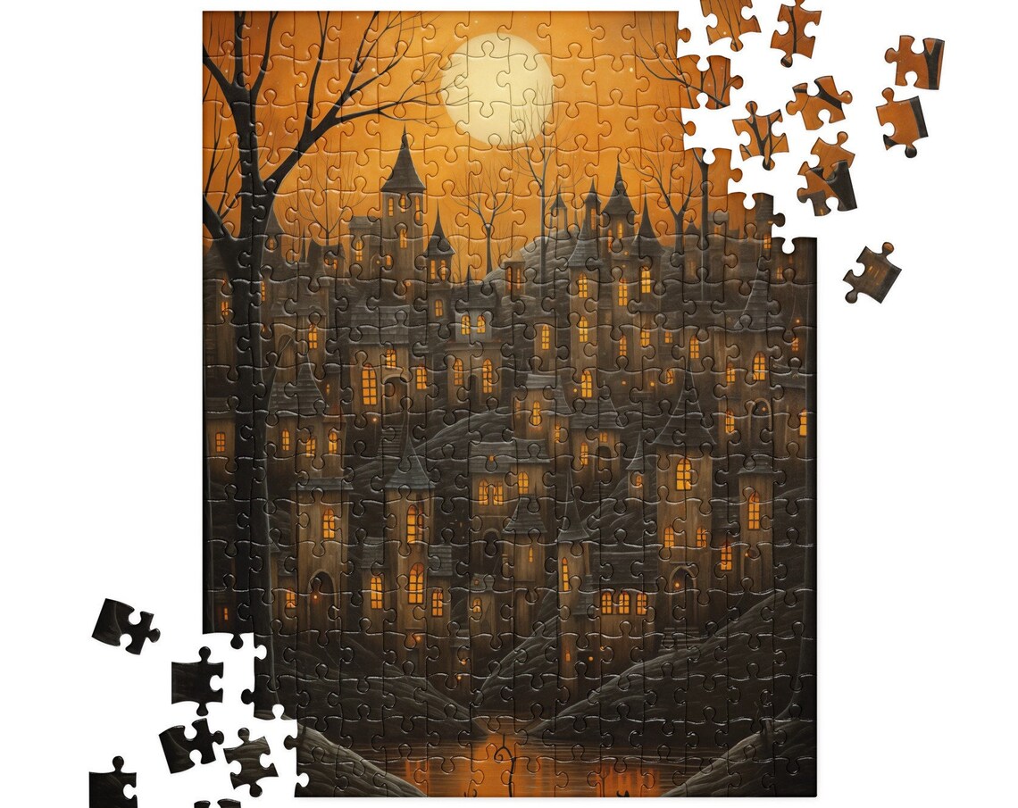 Spooky Halloween Town Orange Sky Full Moon Jigsaw Puzzle Poster