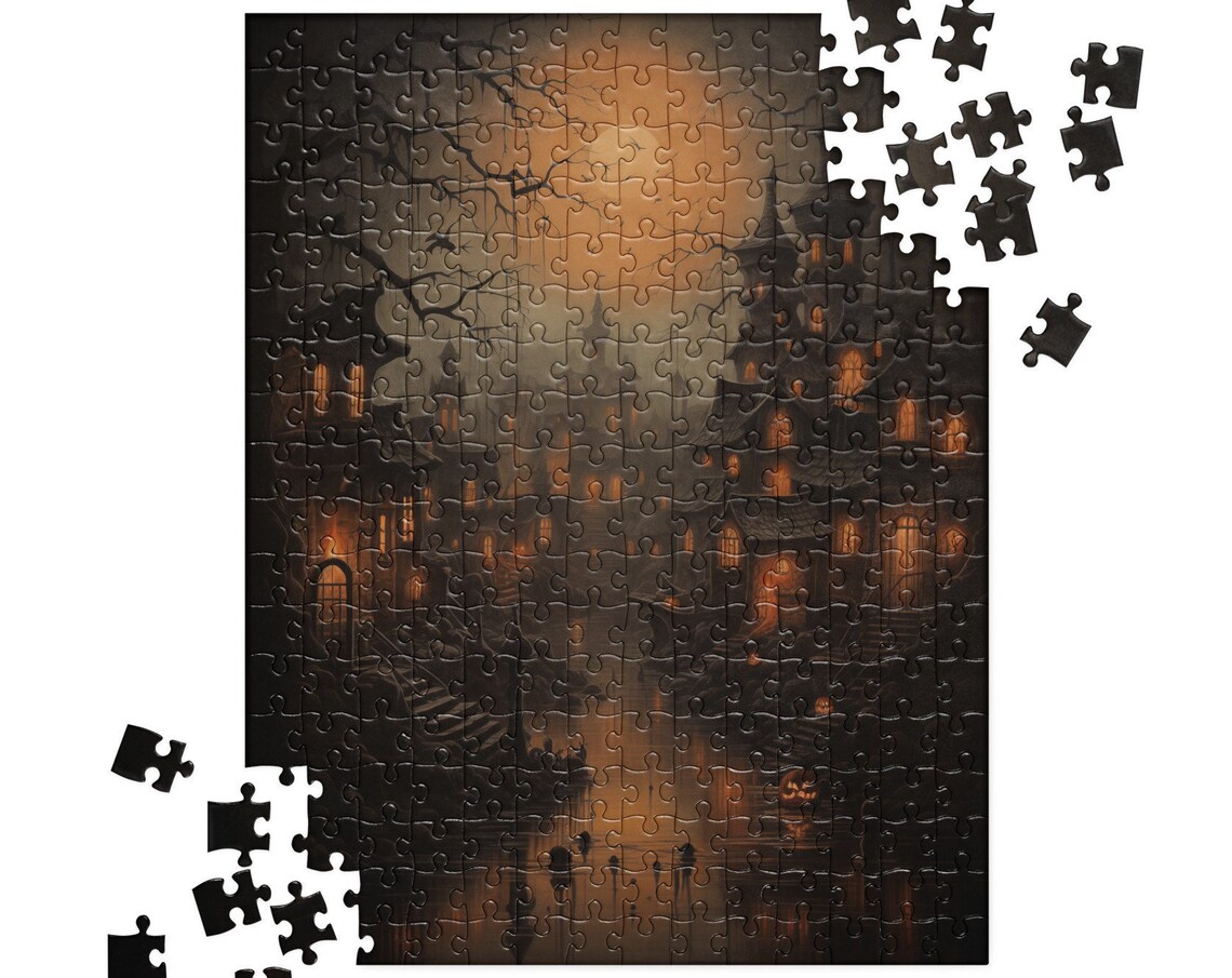 Misty Halloween Haunted Town Street Lamp Jigsaw Puzzle Poster