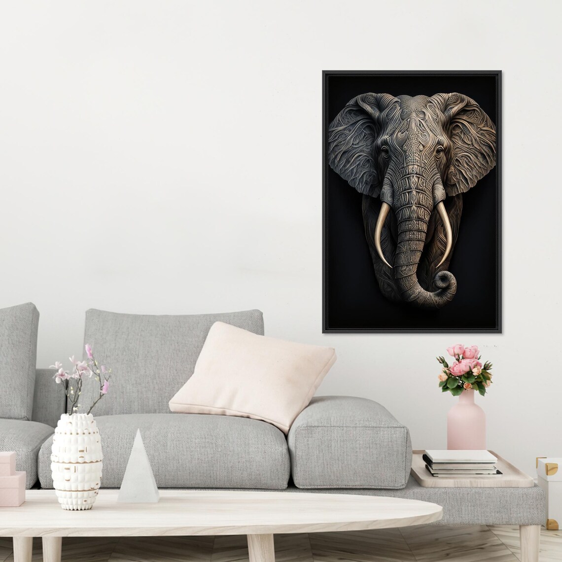 Majestic Elephant Head in Tribal Detailed Style Art on Black Poster - Image 3