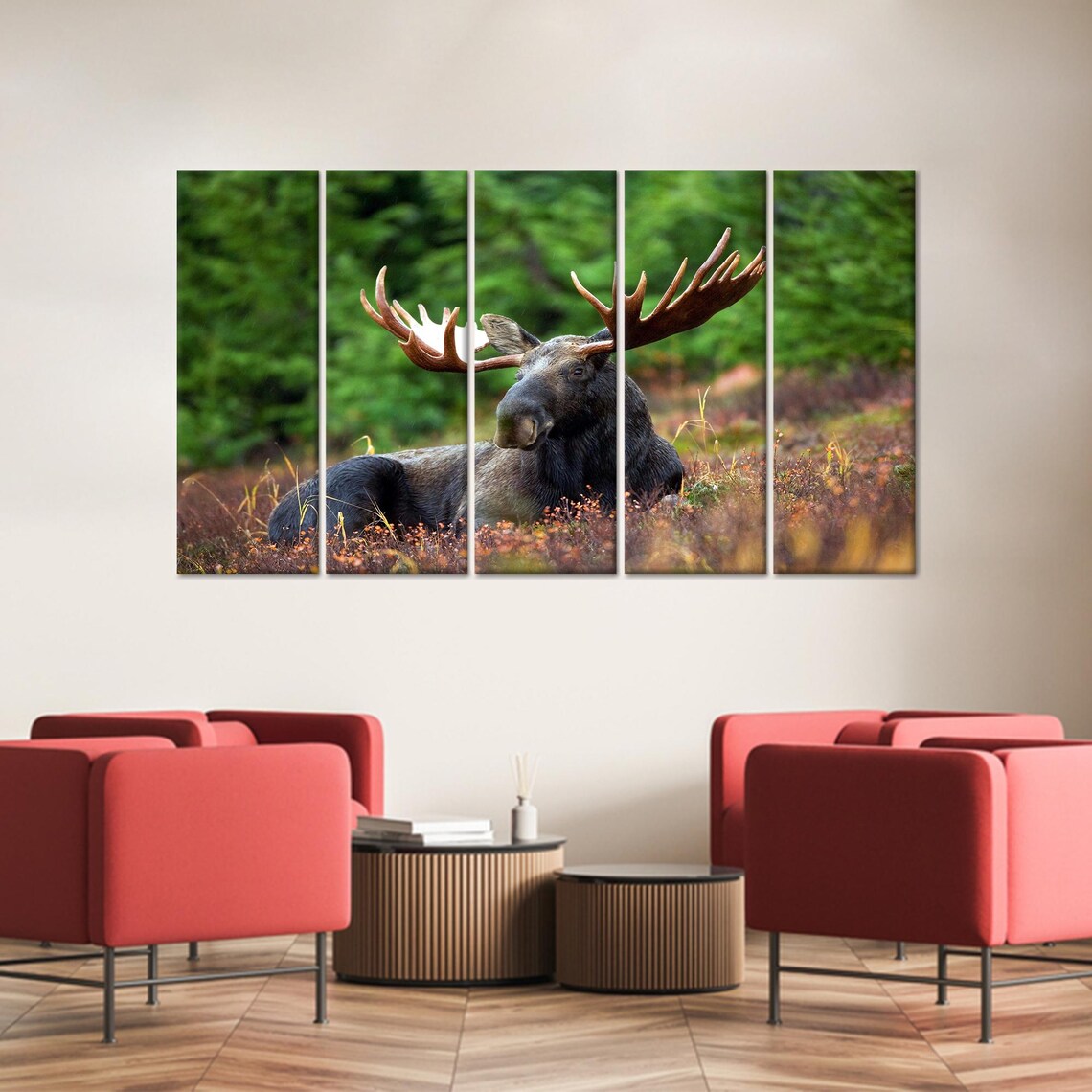 Bull Moose with Grand Antlers Resting in a Flower Meadow Poster - Image 2