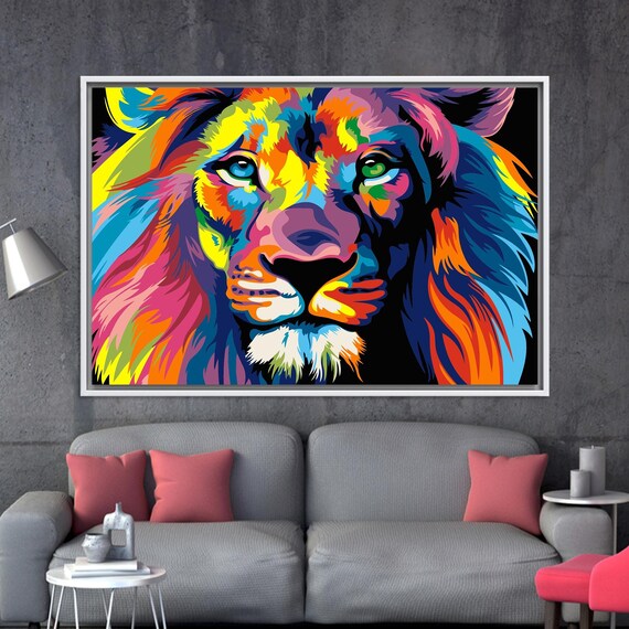 Pop Art Rainbow Colored Lion Face on Black Background Poster