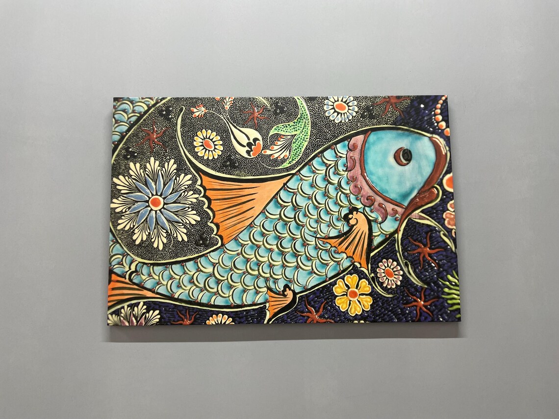 Decorative Blue Mosaic Fish with Florals and Starfish Patterns Poster