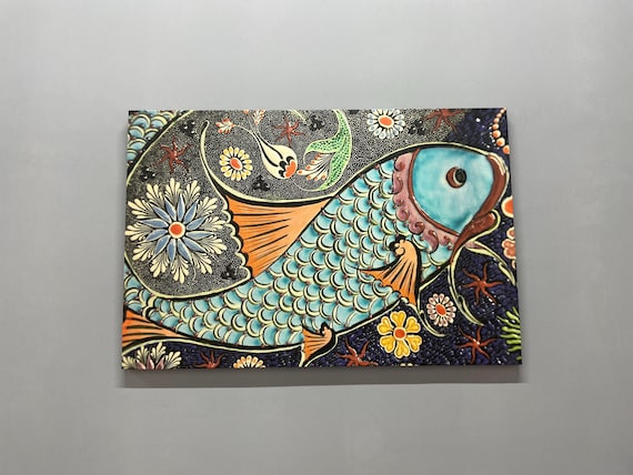 Decorative Blue Mosaic Fish with Florals and Starfish Patterns Poster