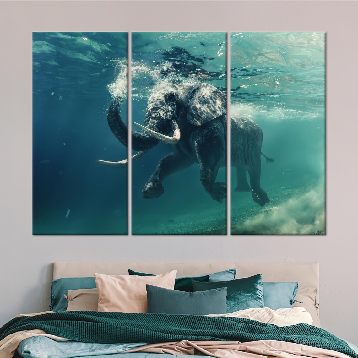 Swimming Elephant Underwater Ocean Scene Photography Art Poster - Image 4
