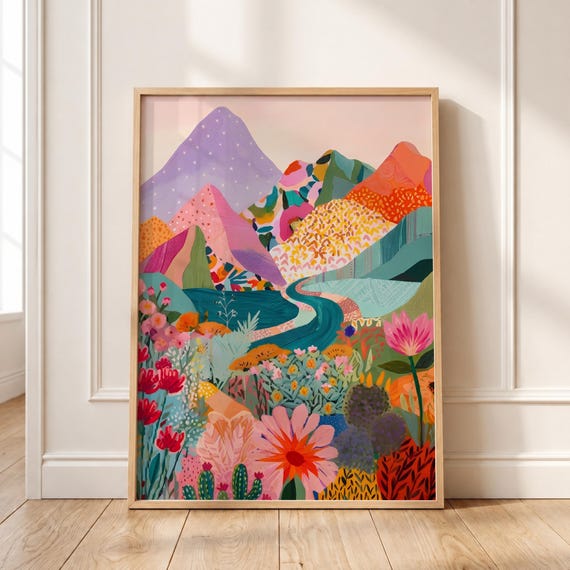 Vibrant Floral Mountain Print Whimsical Boho Landscape Poster