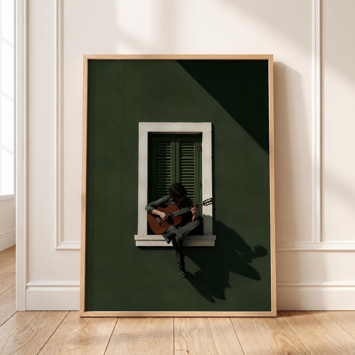 Man Playing Acoustic Guitar on Window Ledge Moody Dark Green Music Poster