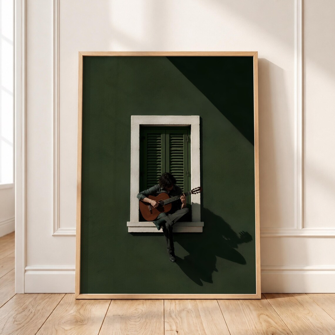 Moody Guitarist Print Dark Green Acoustic Guitar Wall Art