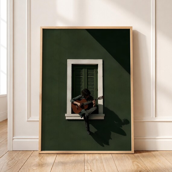 Man Playing Acoustic Guitar on Window Ledge Moody Dark Green Music Poster