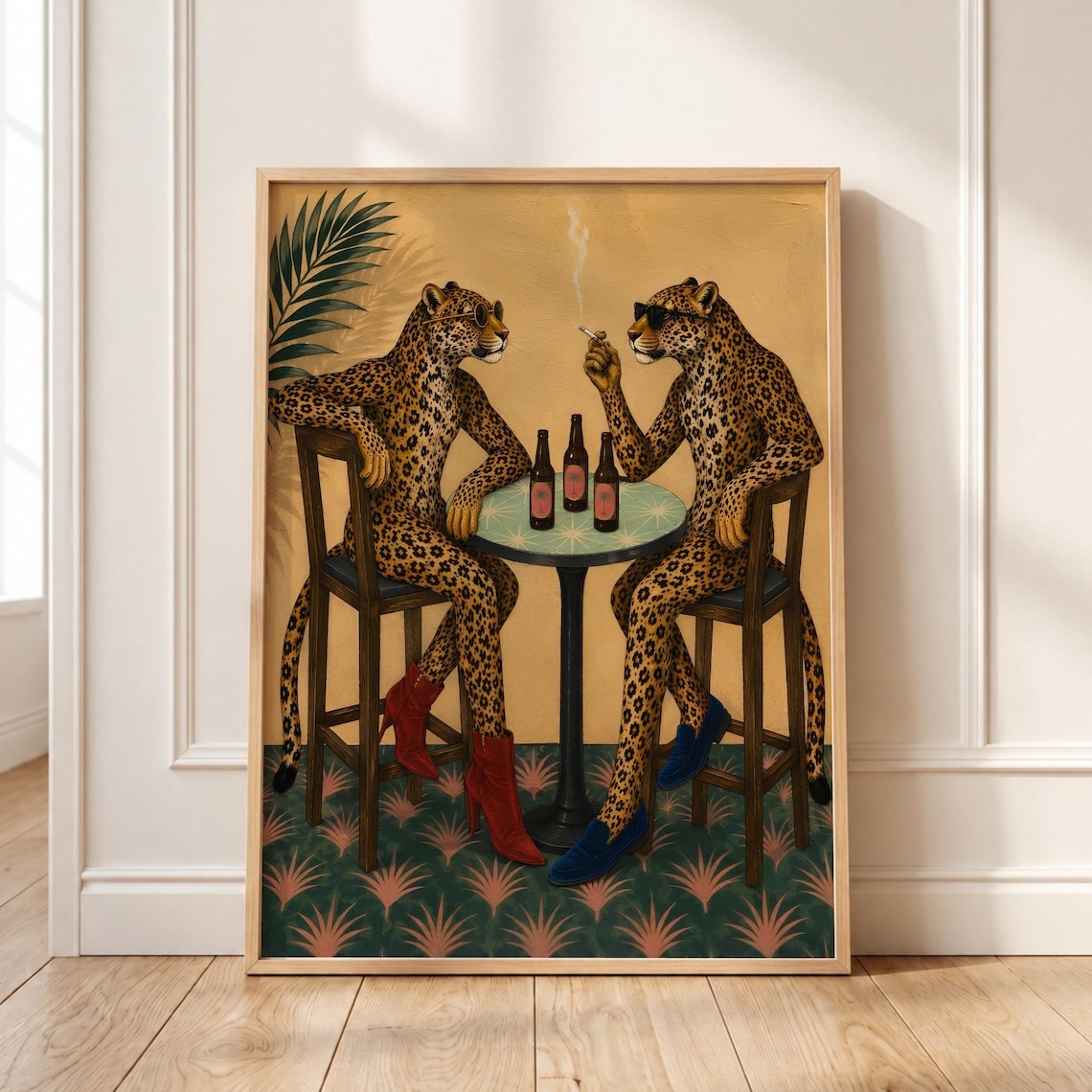 Two Leopards Bar Scene Retro Sunglasses Beer Funny Animal Poster