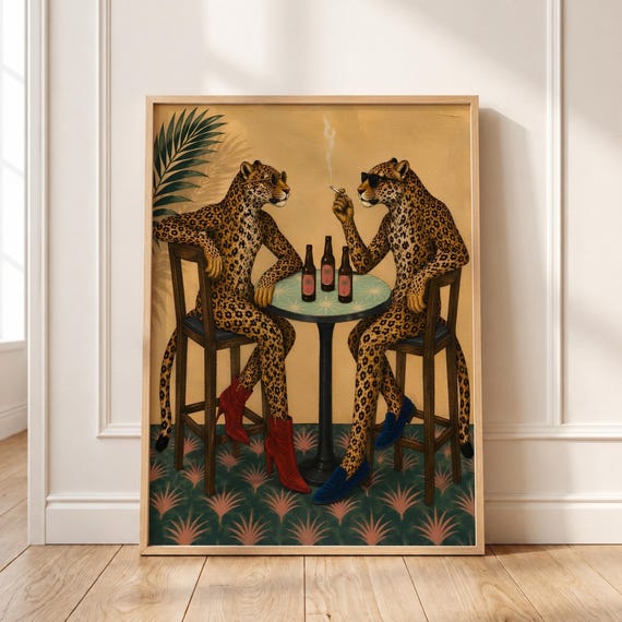 Leopard Bar Scene Print Retro Animal Wall Art Quirky Vintage Poster
