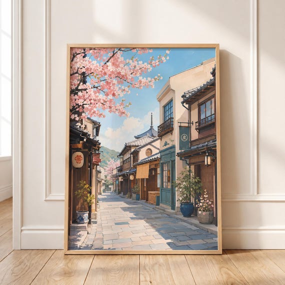 Japanese Street Art Cherry Blossom Kyoto Alley Print