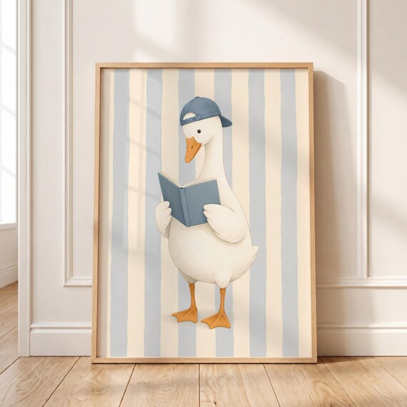 Cute Goose Reading Book Wearing Cap Nursery Striped Art Poster