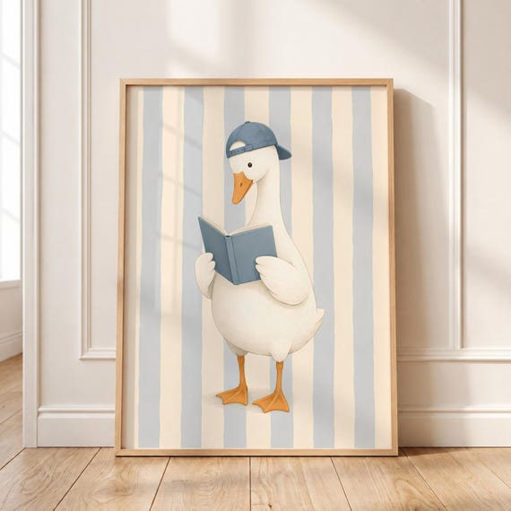 Watercolor Goose Reading Print Nursery Animal Poster Kids Room Decor