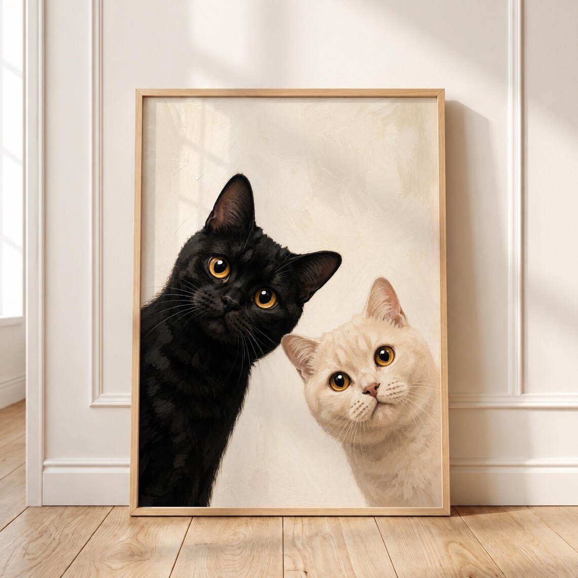 Two Curious Cats Oil Painting Print Whimsical Pet Wall Art