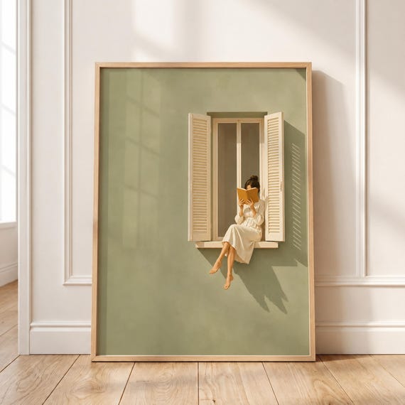 Woman Reading Window Print Sage Green Minimalist Wall Art
