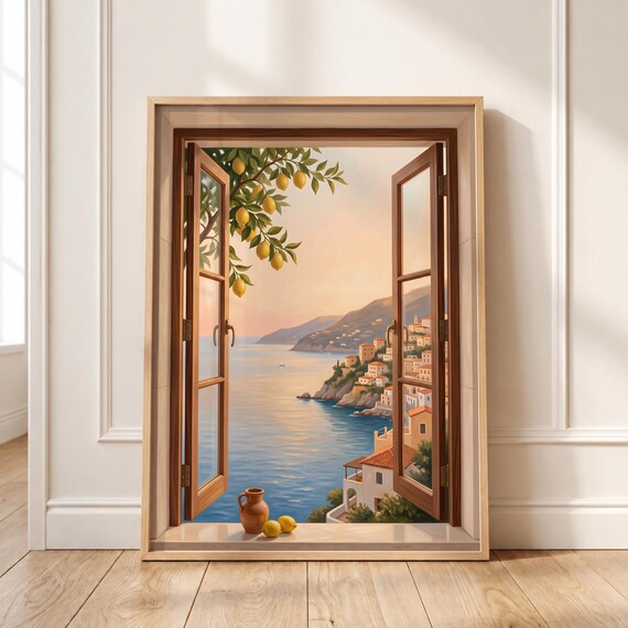 Amalfi Coast Lemon Tree Window View Mediterranean Coastal Sunset Wall Poster