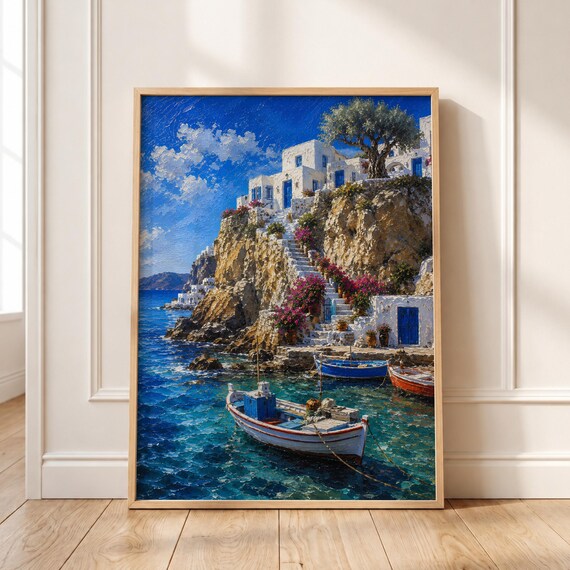 Greek Island Coastal Village Impasto Mediterranean Sea Poster