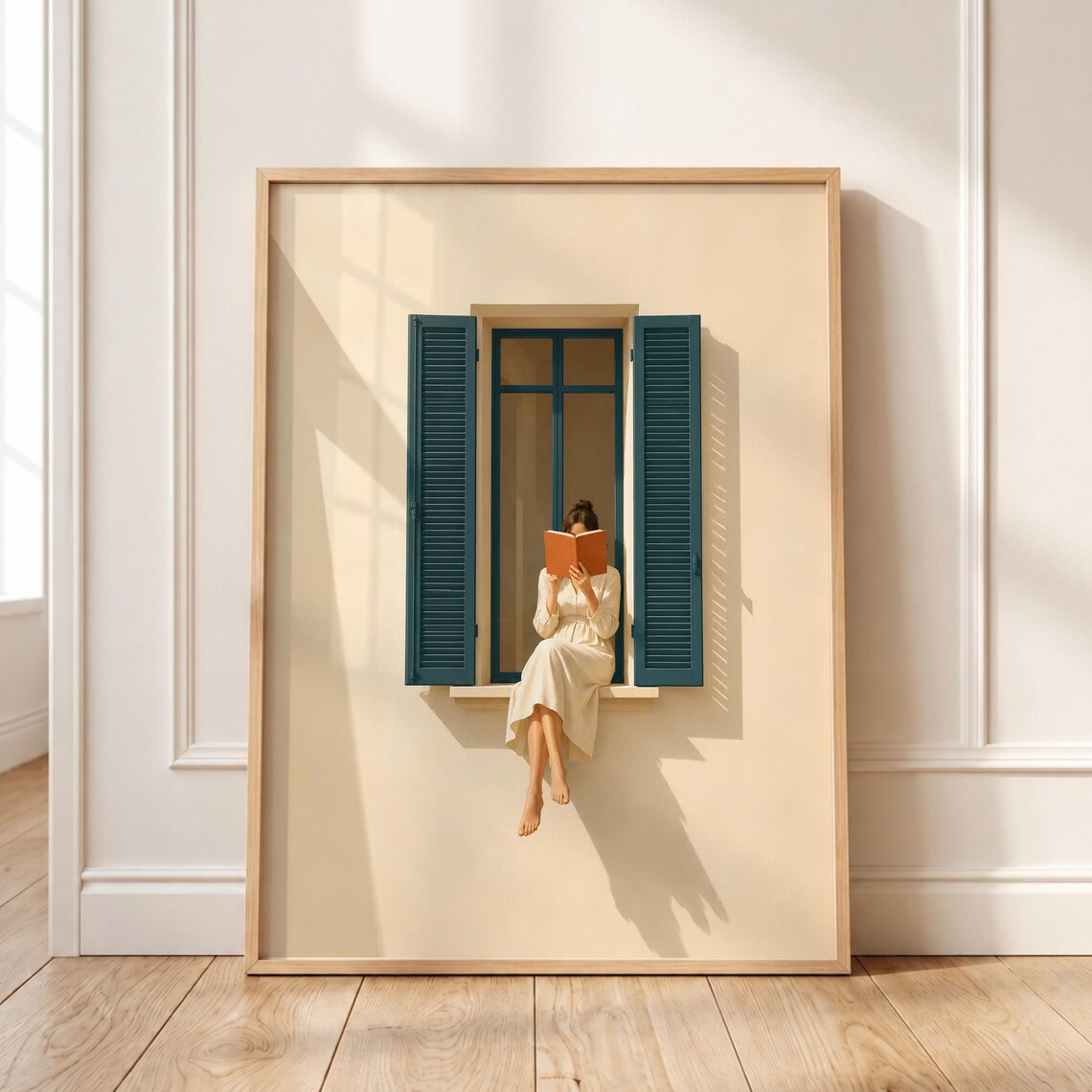 Woman Reading Window Mediterranean Coastal Nook Art Print