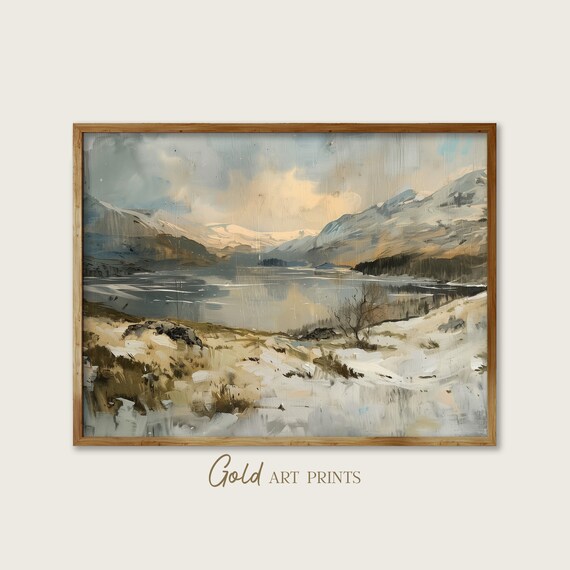 Snow Dusty Mountain Lake Winter Valley Impressionist Oil Painting Poster