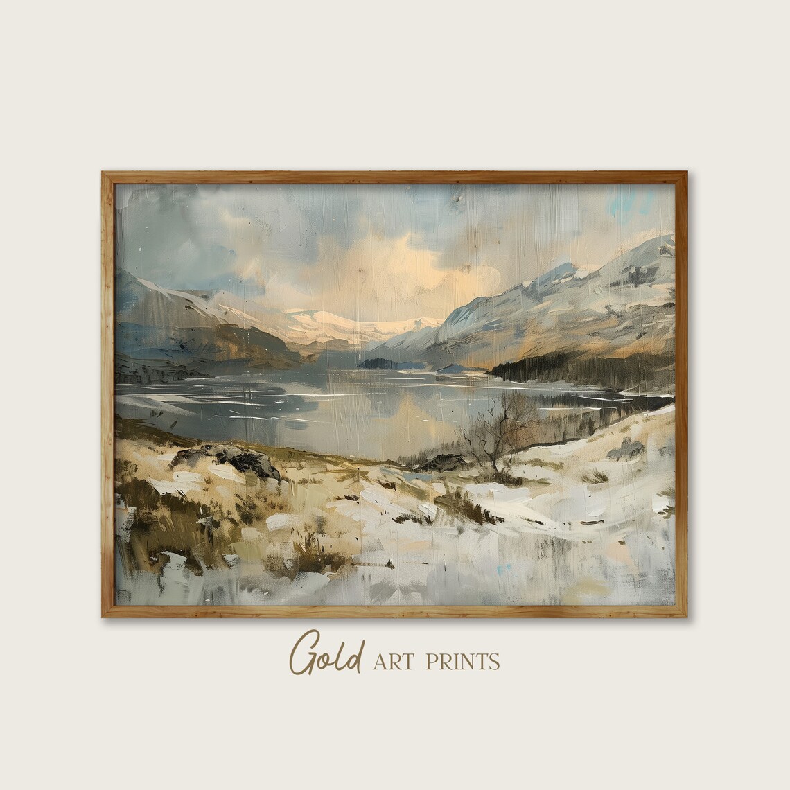 Snow Dusty Mountain Lake Winter Valley Impressionist Oil Painting Poster