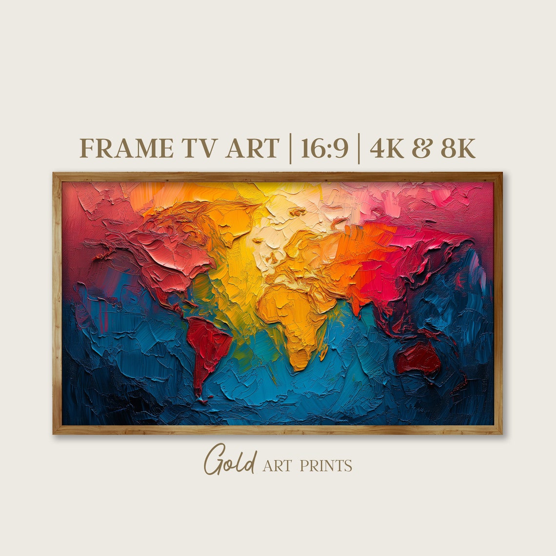 Textured Oil Paint World Map Warm Sunset Continents Blue Ocean Poster