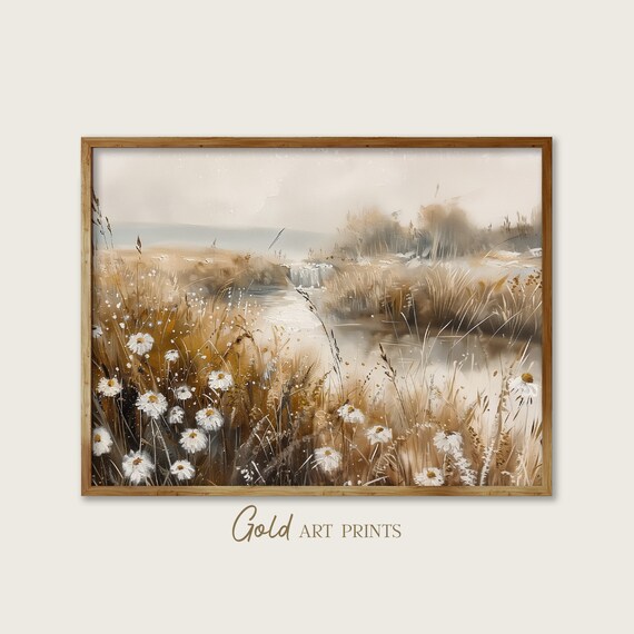 White Daisy Meadow Stream Golden Grasses Spring Oil Painting Poster