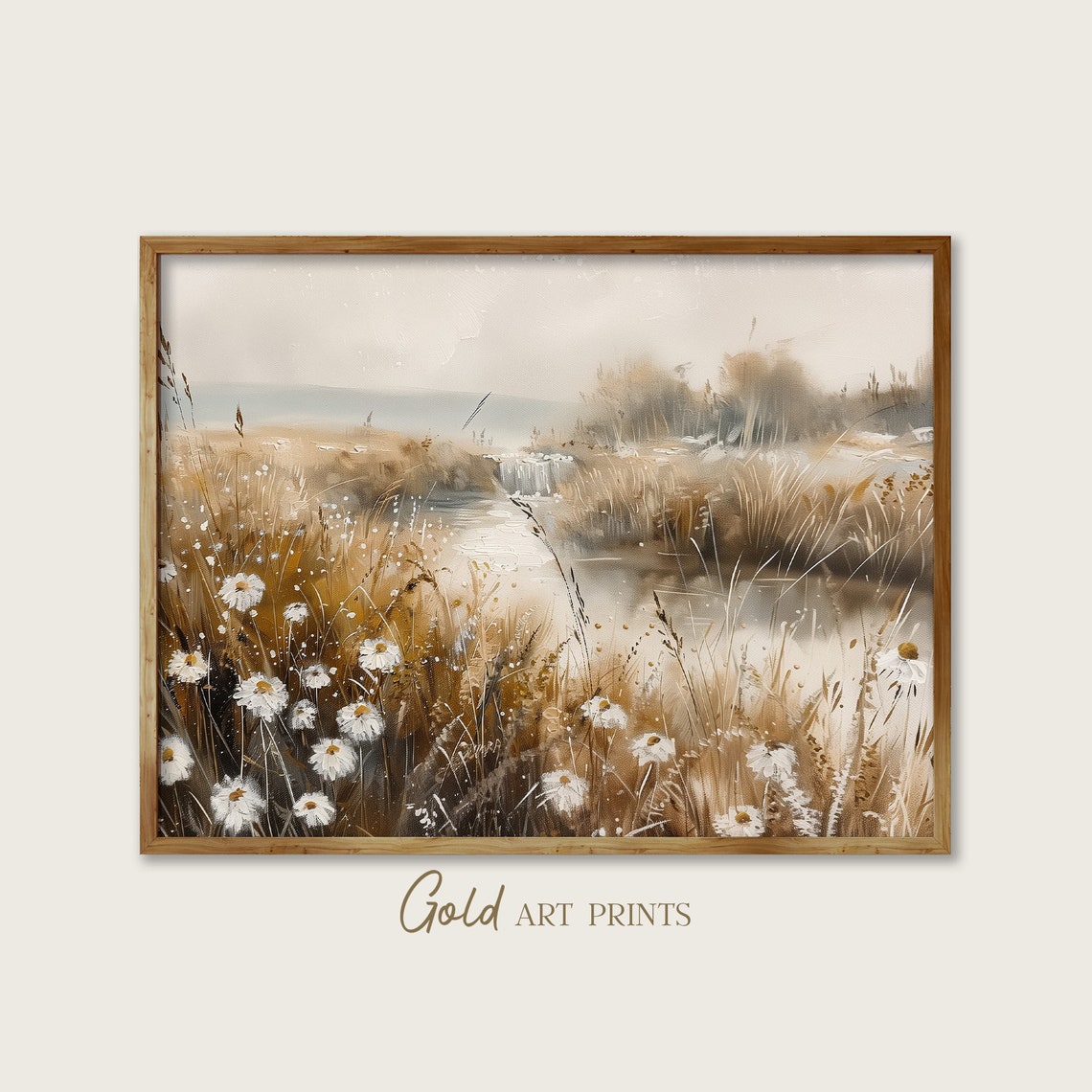 White Daisy Meadow Stream Golden Grasses Spring Oil Painting Poster