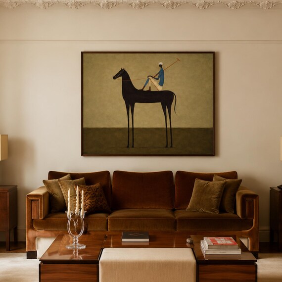 Surreal Minimalist Black Horse Polo Oil Painting Print Horizontal Contemporary Wallart Handdrawn Midcentury Modern Equestrian Sport Poster