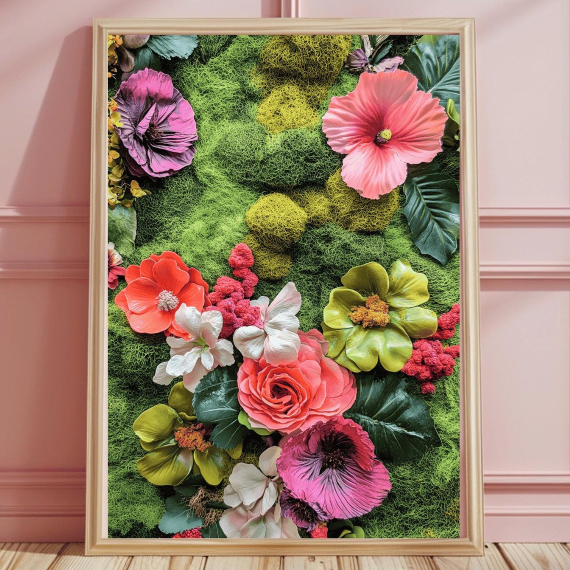 Vibrant Hibiscus and Poppies on Moss Colorful Floral Wall Poster