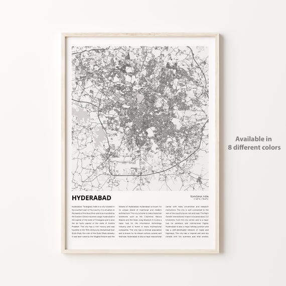 Hyderabad Map Print Travel Wall Decor Art Telangana Housewarming Gift